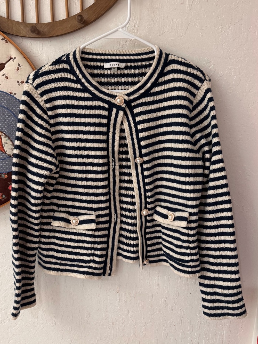 Sioni Blue White Knit Cardigan Button Closure Medium